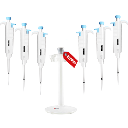 DLAB MicroPette Plus SET5 6 Adet Otomatik Pipet ve 6'lı Stand Komple (0.5-10, 100-1000 μl, 20-200, 1000-5000 μl Pipet Uçları Dahildir)