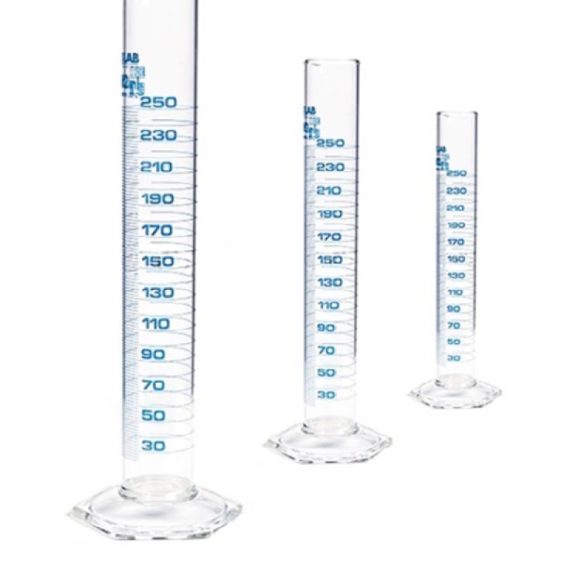 ISOLAB 015.01.010  Mezür - Uzun Form - Hexagonal Cam Tabanlı - A Kalite - Grup Sertifikalı - Mavi Skala - 10 ml