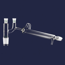 ISOLAB 065.57.002 Destilasyon Bağlantısı - Kondenserli ve Claisen Başlıklı - Standart - Erkek Şilif: NS 14/23 | Dişi Şilif: NS 14/23 - Kondenser Uzunluğu 250 mm